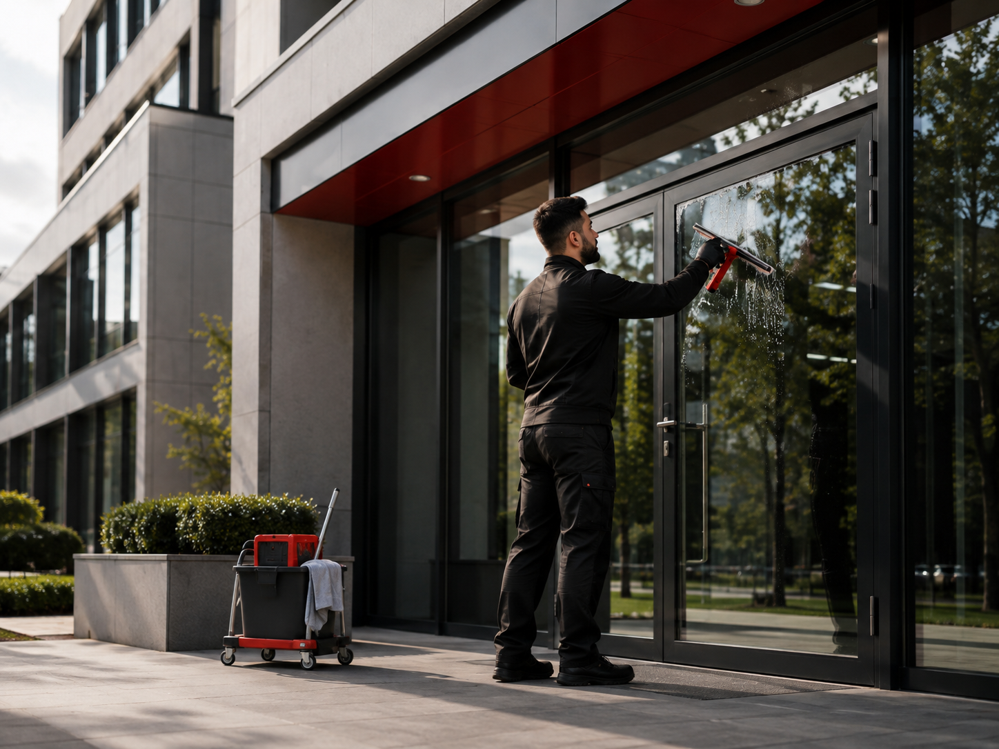 Professionelle Reinigung einer modernen Glasfläche